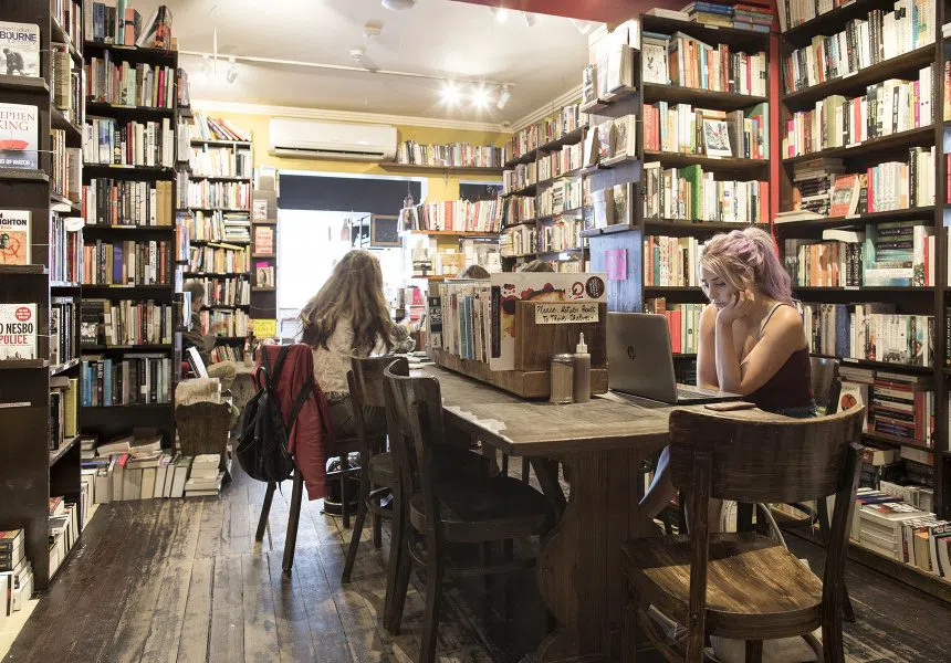 the book-lined interior of Gertrude & Alice café on Hall Street