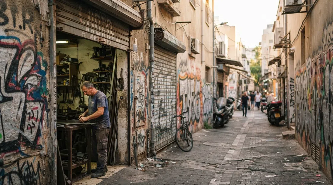 a Florentin alley near Abarbanel Street with layered graffiti, metal shutters, and a partly open workshop door in late-afternoon light