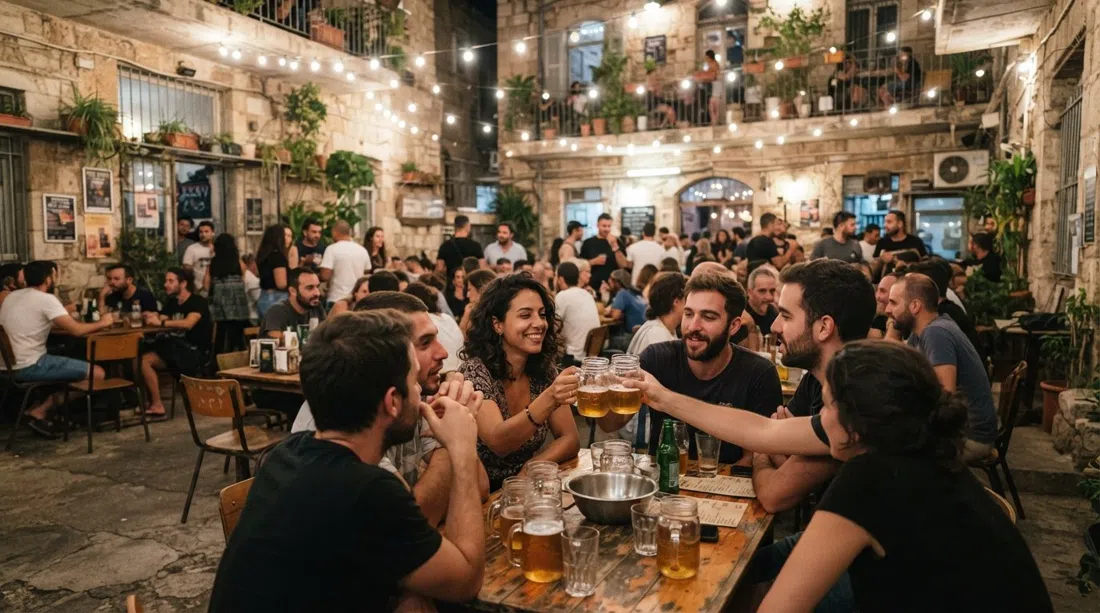 Teder.fm’s open-air courtyard in the Romano house, with jarred beer, string lights and people gathered around tables after dark