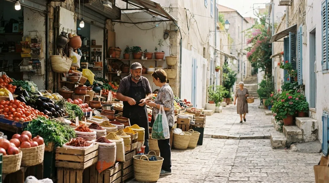 the edge of Carmel Market spilling into Kerem HaTeimanim, spice sacks and produce stalls giving way to quiet whitewashed lanes