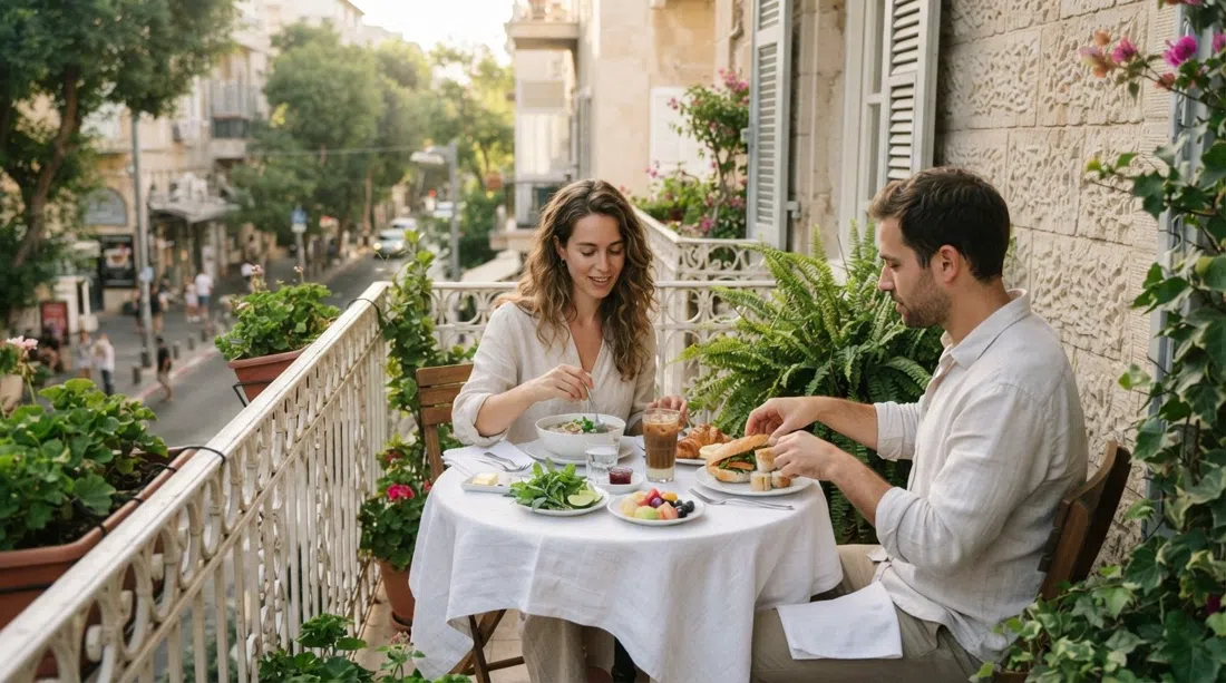 a balcony breakfast at Hotel Montefiore on Montefiore Street, white tableware and greenery framing a French-Vietnamese brunch in soft morning light