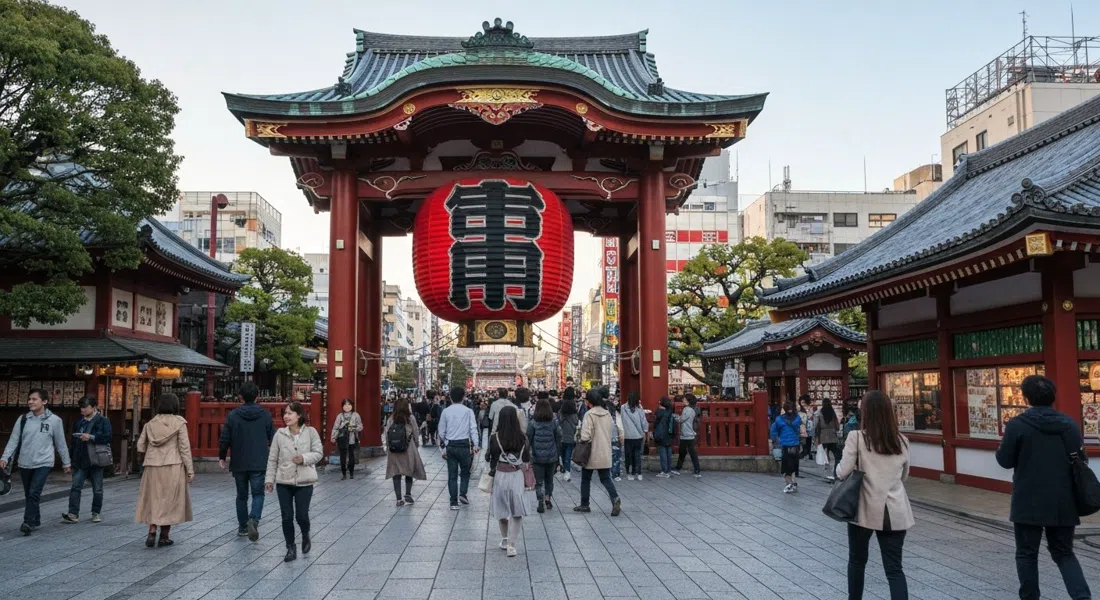 the Kaminarimon gate in Asakusa with its giant red lantern hanging above the crowd, morning light catching the bronze guardian statues and the first visitors arriving