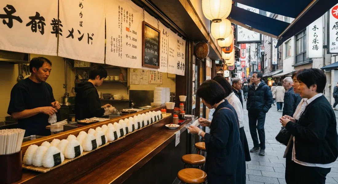 a counter at Onigiri Asakusa Yadoroku with freshly formed rice balls lined up at a tiny seat-yourself counter, simple lunch light and a handwritten menu in view