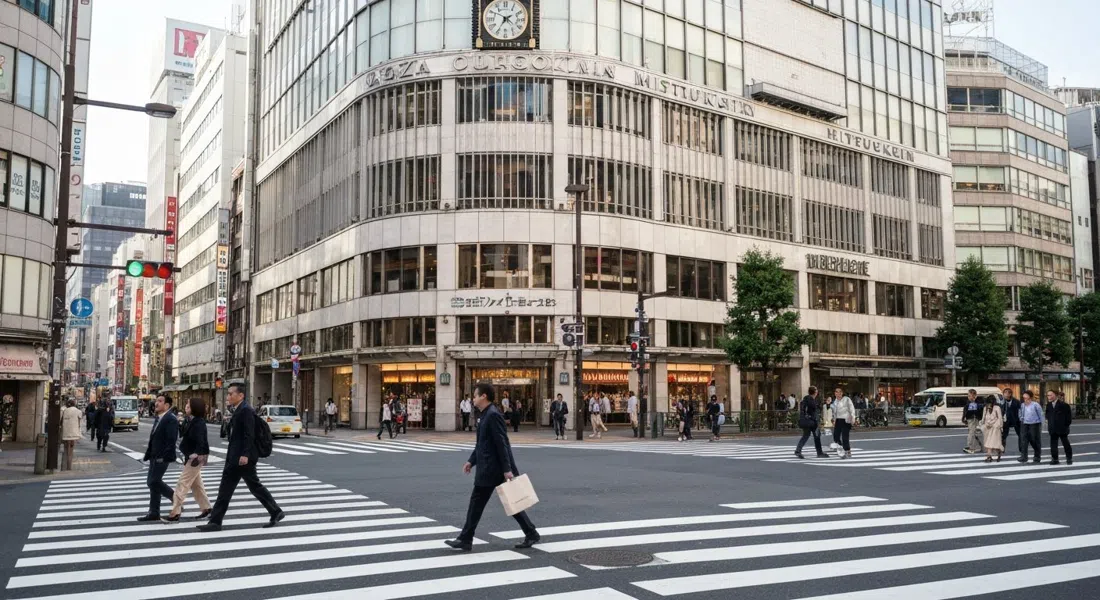 the Wako clock tower and Ginza Mitsukoshi facing each other at the 4-chome crossing, with pedestrians crossing Chuo-dori under bright daytime light