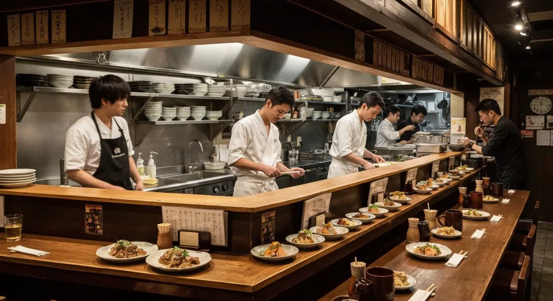 Shokkan’s open kitchen in a basement izakaya, chefs plating inventive Japanese small plates under warm counter lighting