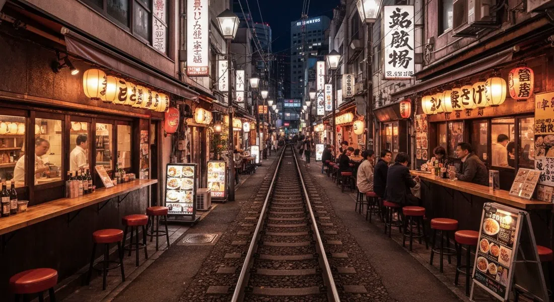 Nonbei Yokocho at night, tiny glowing bar fronts packed into a narrow two-storey alley just north of the tracks