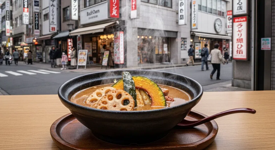 a steaming bowl of build-your-own soup curry at Rojiura Curry Samurai, with roasted lotus root, pumpkin and vegetables in a deep broth