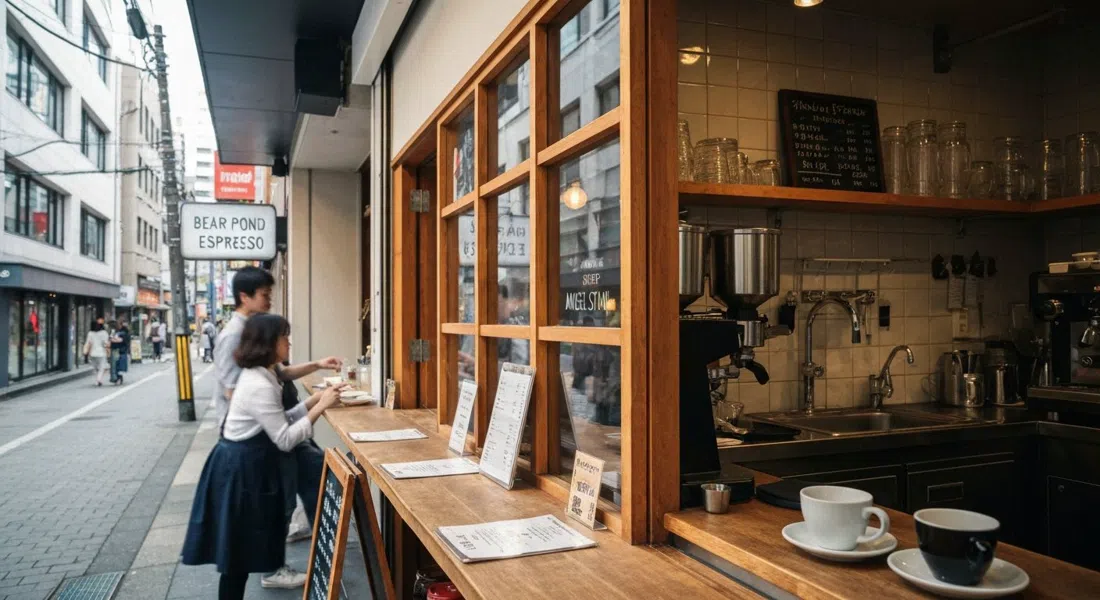 the tiny counter at Bear Pond Espresso in Shimokitazawa, with a freshly pulled Angel Stain espresso shot and a no-photos atmosphere