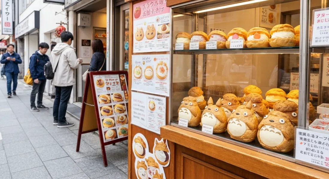 Totoro-shaped cream puffs at Shiro-Hige's Cream Puff Factory, with delicate pastry faces and seasonal fillings on display