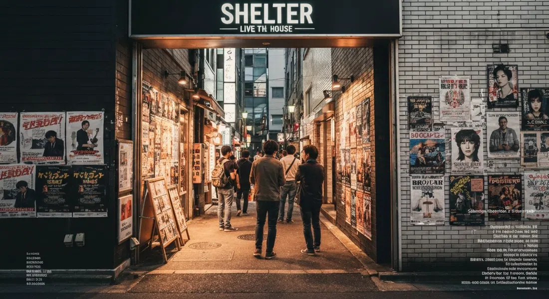 the entrance to Shelter live house in Shimokitazawa at night, with gig posters, a narrow street and a small crowd gathering before a show