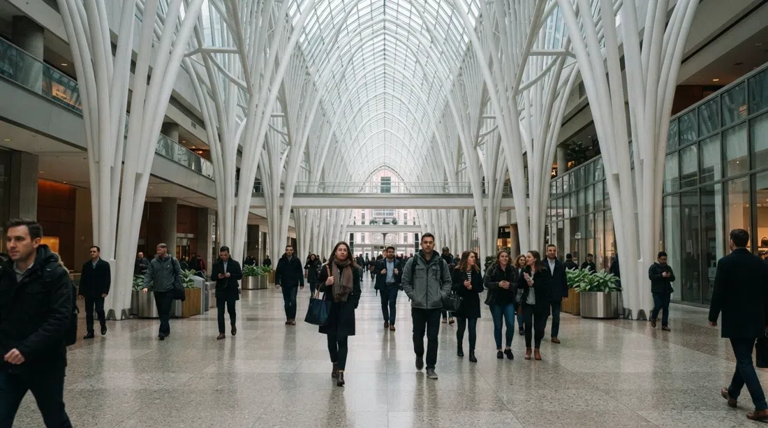 the Allen Lambert Galleria inside Brookfield Place in Toronto, white steel ribs and a glass canopy soaring over the concourse with commuters passing through