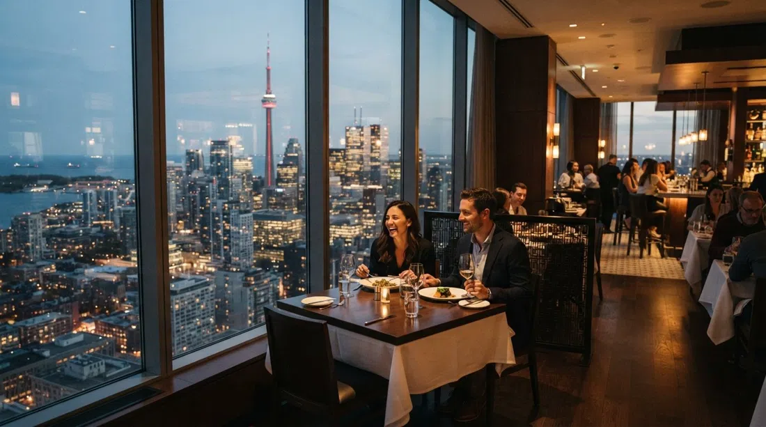 Canoe restaurant on the 54th floor of the TD Bank Tower, floor-to-ceiling windows looking over downtown Toronto and Lake Ontario at dusk