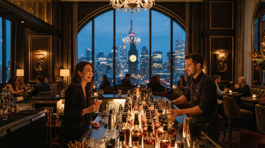 LOUIX LOUIS on the 31st floor of the St. Regis, a moody hotel bar with skyline views, whisky bottles and warm evening light