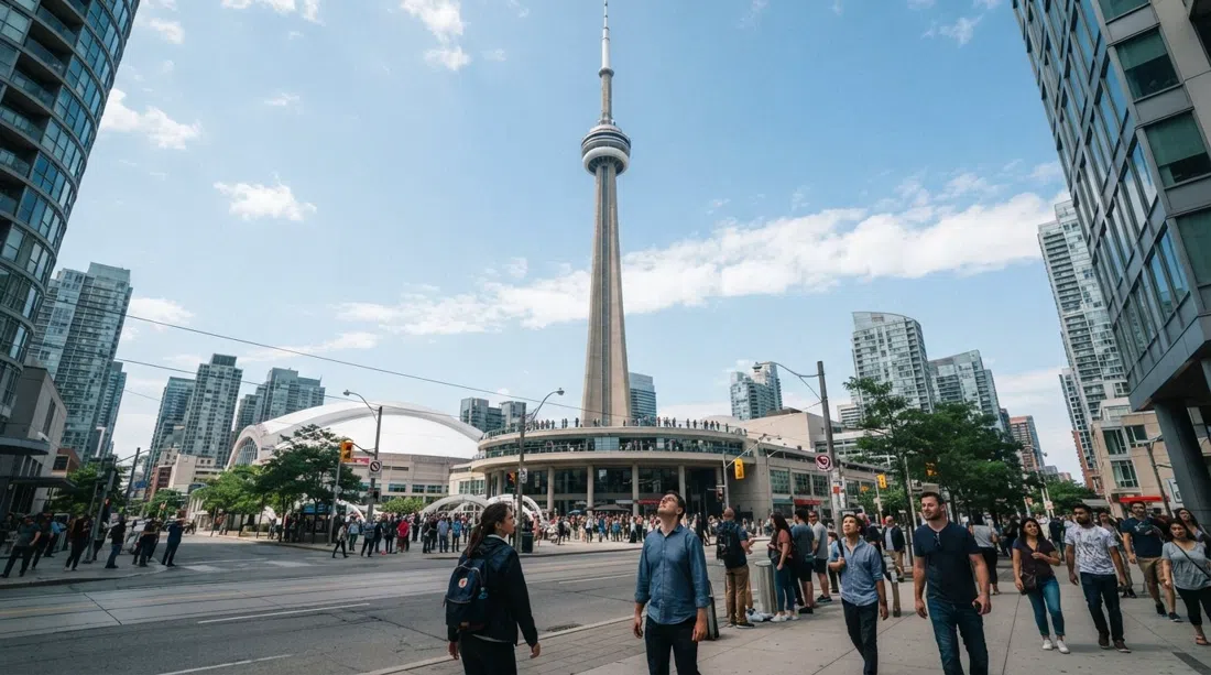 the CN Tower rising above downtown Toronto on a clear day, with the glass observation deck and base plaza visible from street level