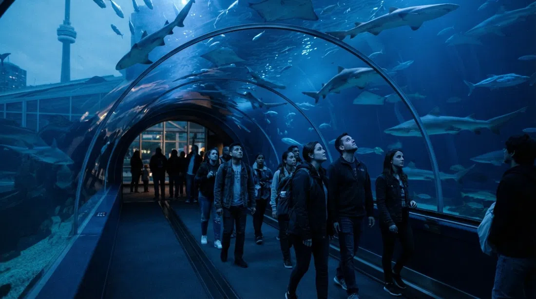 Ripley’s Aquarium of Canada at the base of the CN Tower, with the moving-sidewalk shark tunnel glowing blue and visitors walking through