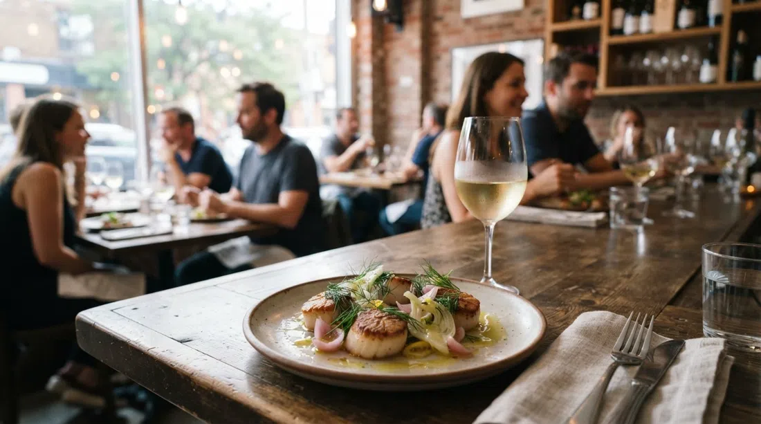 a seafood-forward small plate at Grey Gardens on Augusta, elegant wine-bar plating with a glass of wine beside it