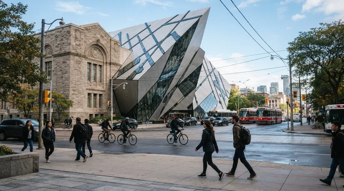 the Royal Ontario Museum’s Libeskind crystal addition jutting over Bloor at Queen’s Park, seen from street level in daylight