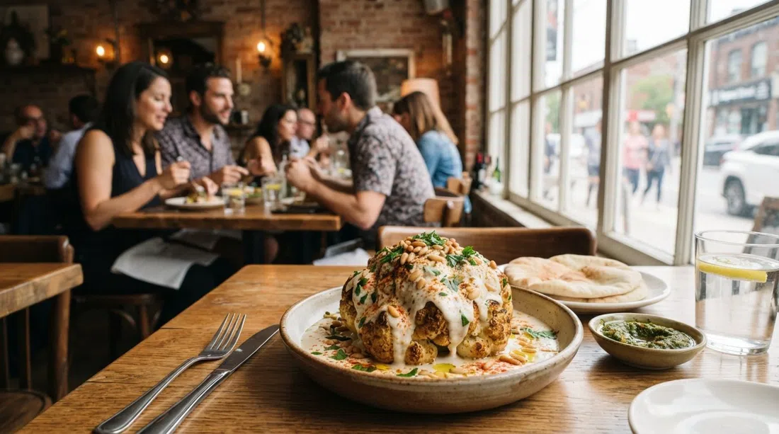 the whole roasted cauliflower at Fat Pasha, richly plated with tahini and pine nuts on a table in the warm Dupont Street dining room
