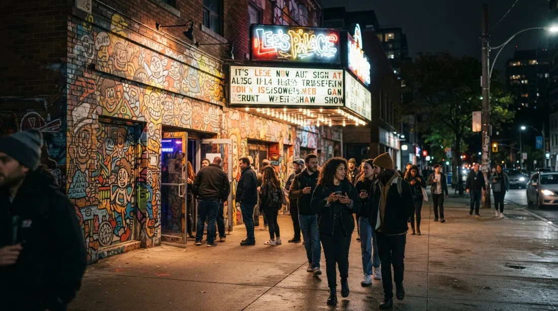 Lee’s Palace on Bloor at night, its cartoon graffiti facade by Al Runt glowing under streetlights with concertgoers outside