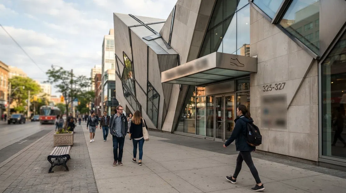 the shoebox-shaped Bata Shoe Museum at 327 Bloor St W, its distinctive exterior viewed from the sidewalk in soft afternoon light