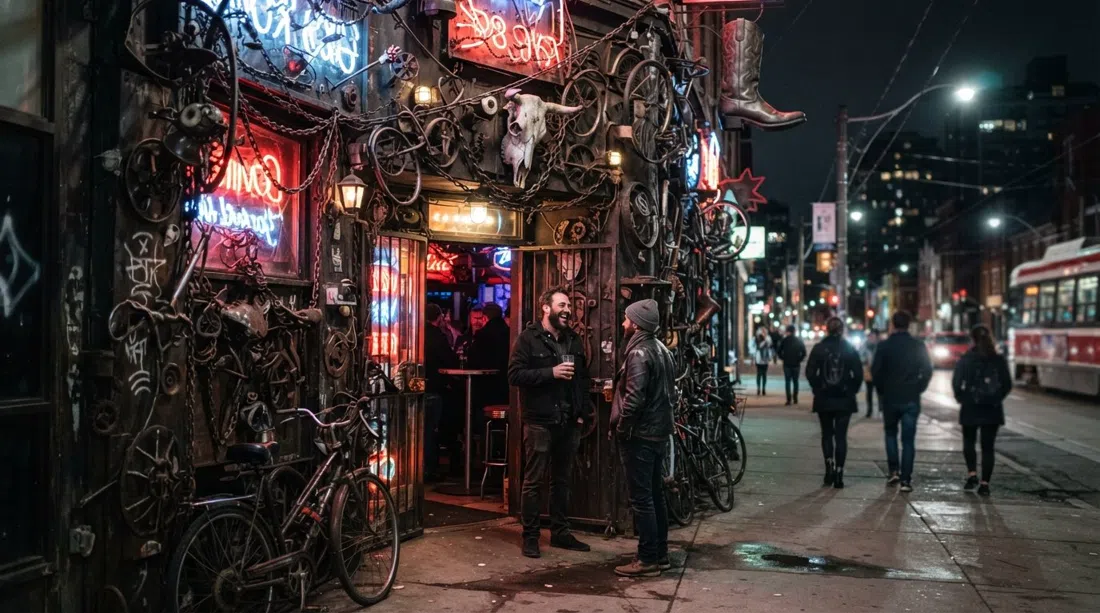 the Bovine Sex Club frontage on Queen Street West, a gritty rock-and-metal dive with bike-part details and late-night neon glow