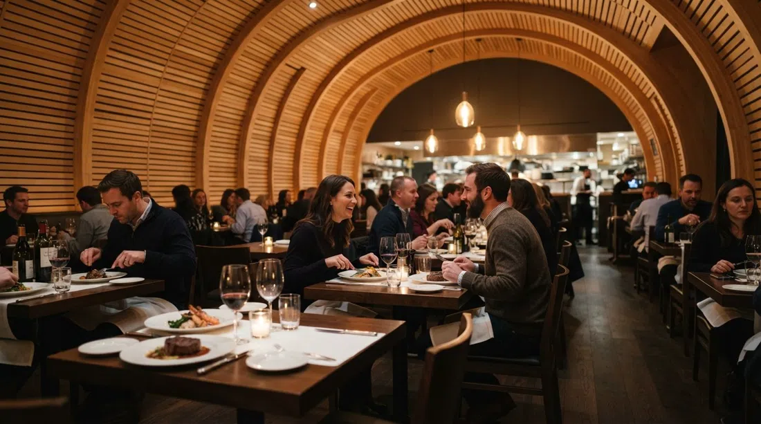 the maple-slatted dining room at Prime Seafood Palace on Queen West, with its domed ceiling and warm steakhouse glow