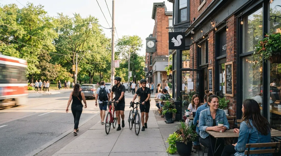 White Squirrel Coffee Shop across from Trinity Bellwoods, with a sunlit Queen Street façade and park greenery in the background