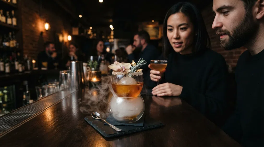 an elaborate modernist cocktail at BarChef on Queen West, with theatrical garnish and moody low light