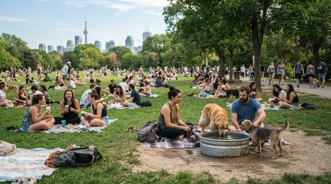 Trinity Bellwoods Park on a warm afternoon, picnic blankets and people lounging on the grass near the dog bowl