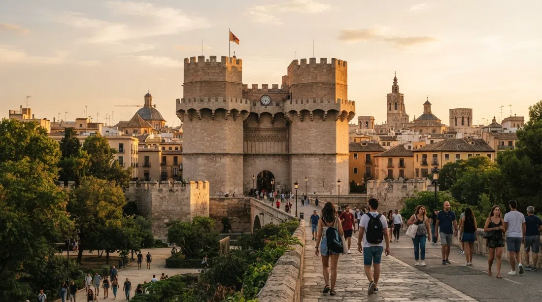 Torres de Serranos at golden hour, the twin medieval towers rising above the Turia park with the old town spread beyond
