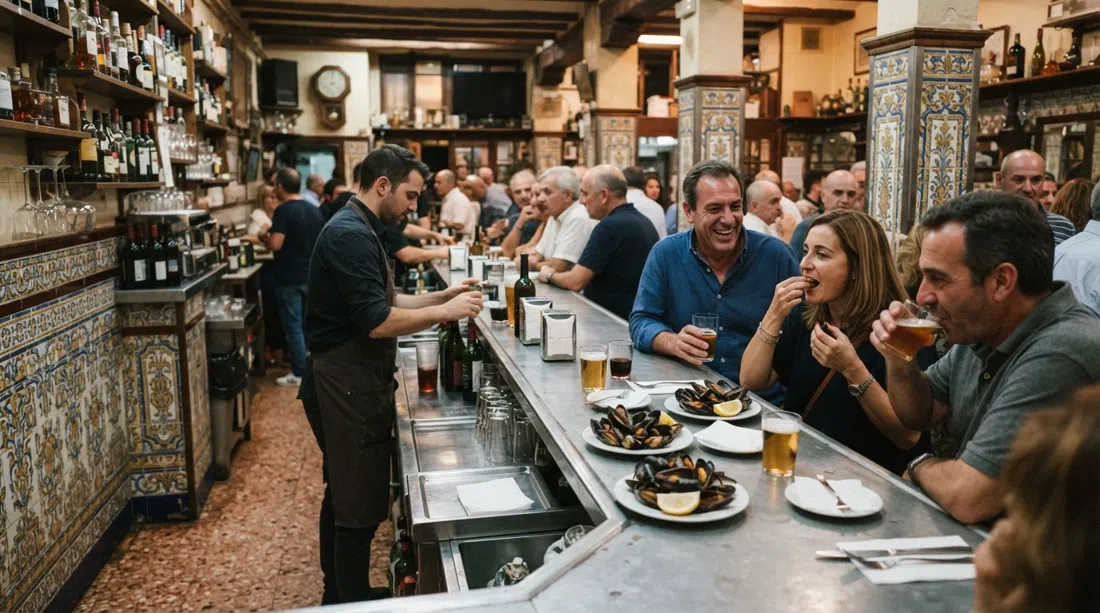 the tiled interior of La Pilareta, a long zinc bar with plates of clóchinas al vapor and old tapas-bar character