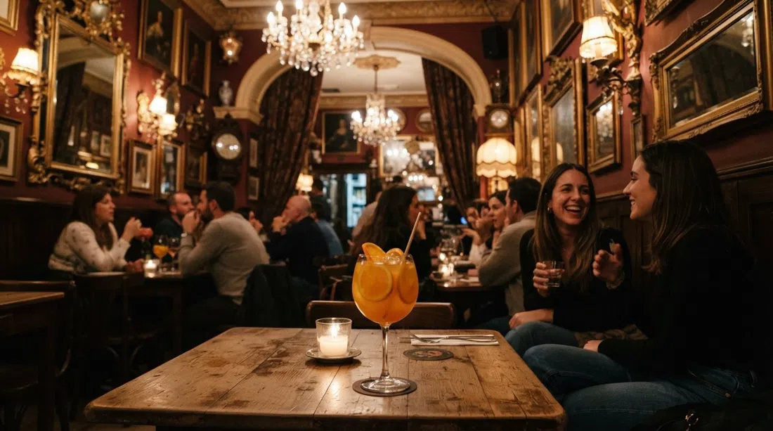 the candlelit baroque interior of Café de las Horas, chandeliers and gilt mirrors around an Agua de Valencia glass