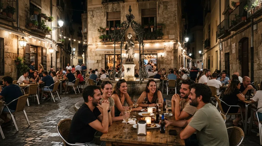 Café Negrito at night, terrace tables spread around the small fountain in Plaça del Negret with warm streetlight and late drinkers