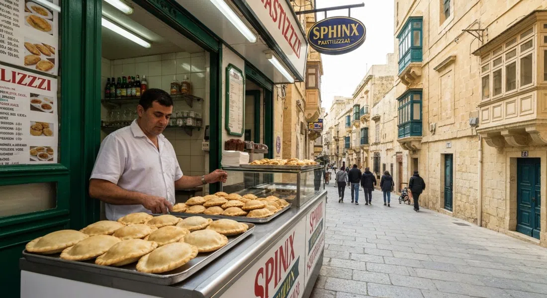 the original Sphinx pastizzeria on St Anne Street in Floriana, with a tray of fresh pastizzi and a local customer at the counter
