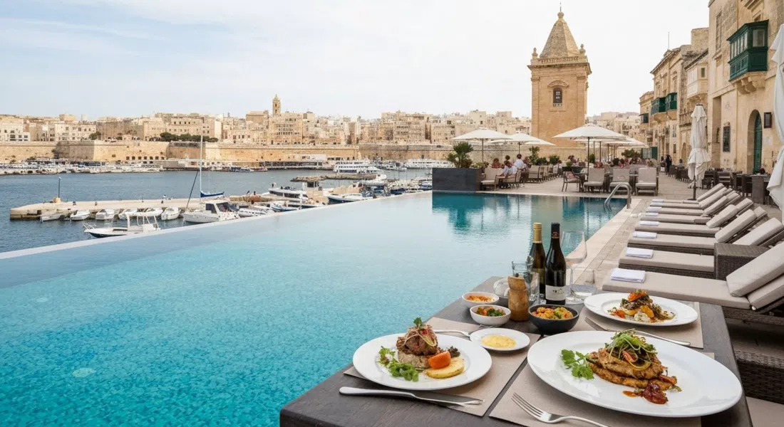 the Bastion Pool Bar & Restaurant at The Phoenicia Malta, with an infinity pool on the bastion and plates of Mediterranean-Asian food beside Marsamxett Harbour