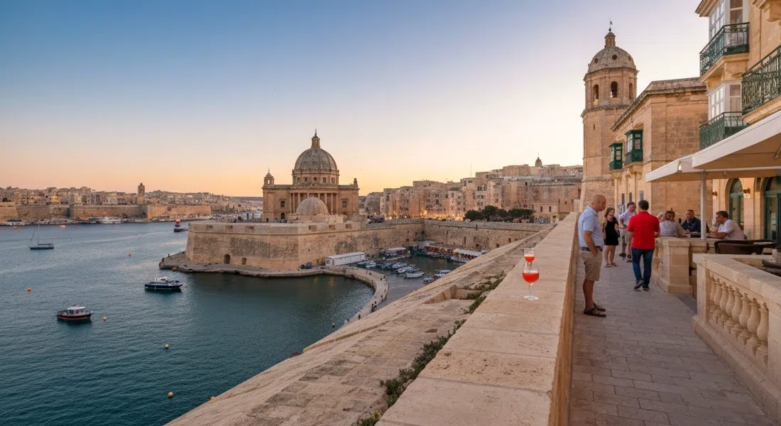 a sunset drink on the bastion-side terrace at The Phoenicia Malta, with Marsamxett Harbour glowing below and harbour boats in the distance