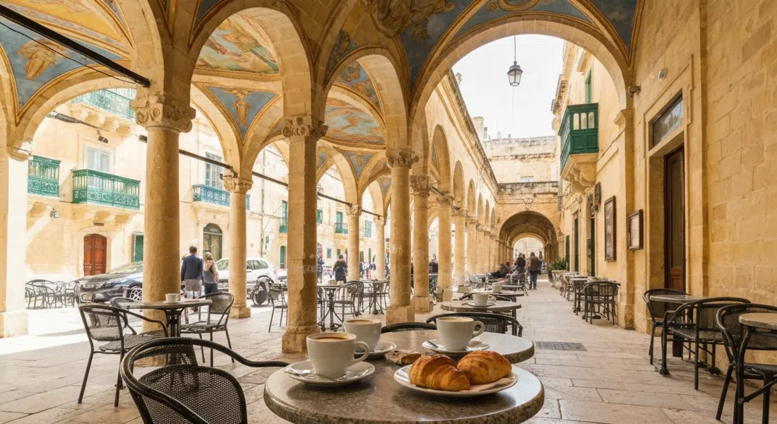 Caffe Cordina’s terrace on Republic Square in Valletta, with coffee cups, pastries and the painted arcade ceiling catching soft afternoon light
