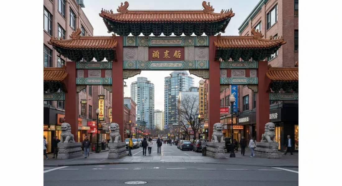 the Millennium Gate spanning West Pender in Chinatown, terracotta-tiled arches and granite lions at late-afternoon light
