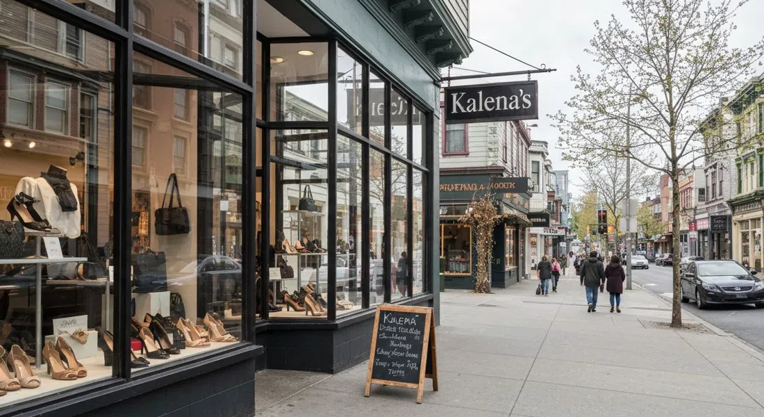 Kalena’s storefront at 1526 Commercial on a bright afternoon, Italian-made shoes and handbags displayed behind the window on Commercial Drive