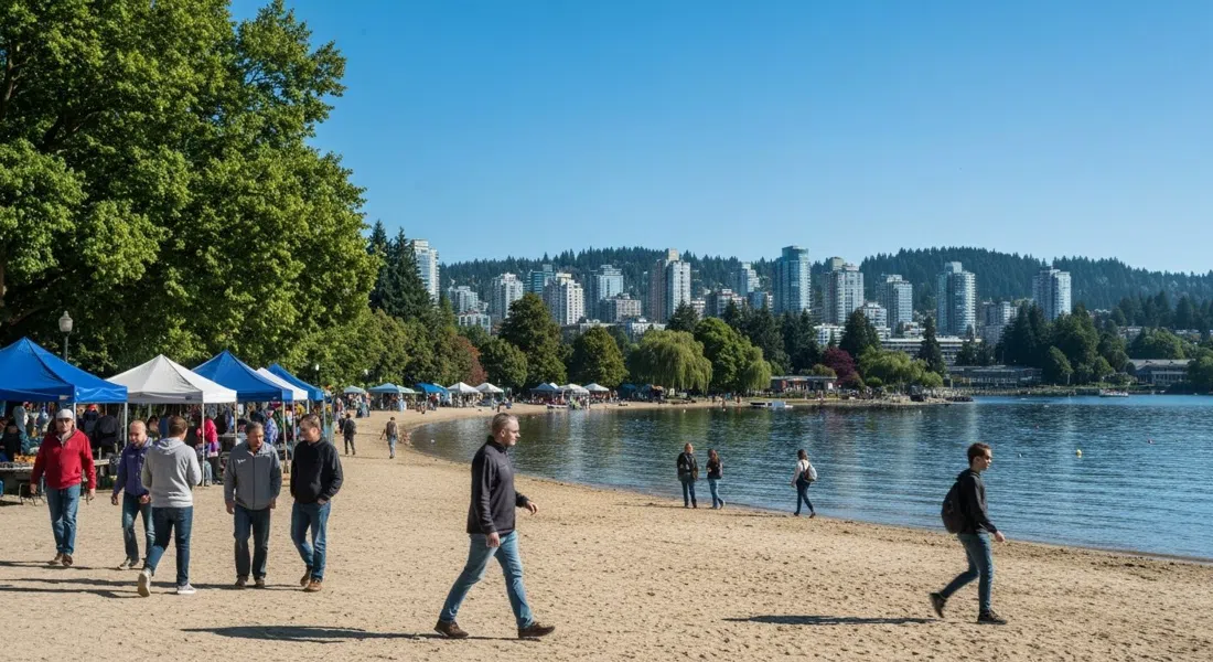 Trout Lake at John Hendry Park on a clear Saturday morning, the sandy beach, calm water and market tents visible near the shoreline