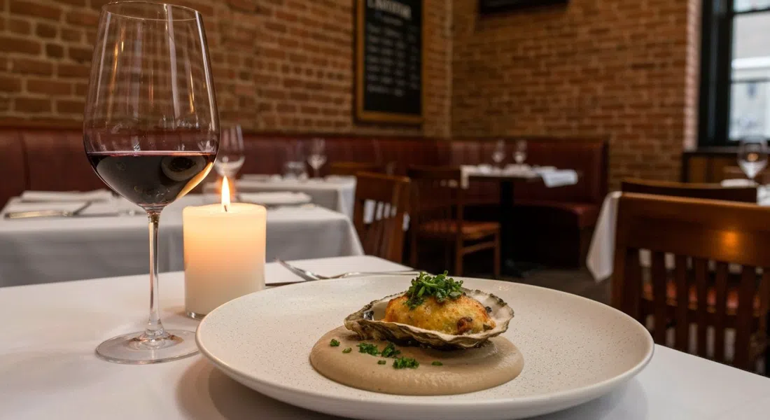 a candlelit table at L’Abattoir in its restored 1890s brick interior, with a baked Pacific oyster in truffle purée plated in the foreground