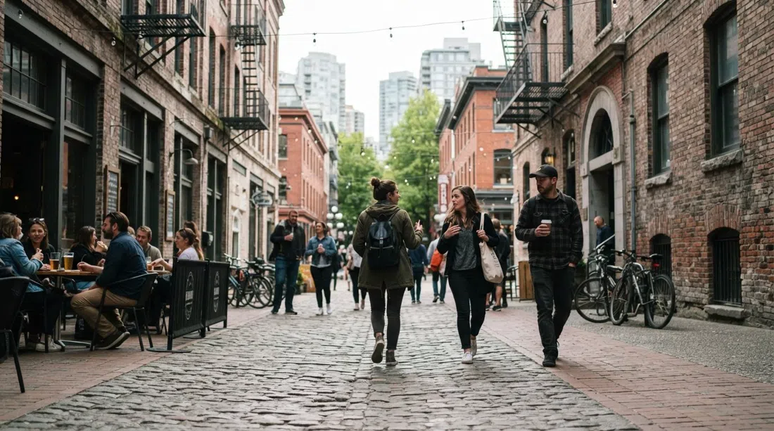 Blood Alley Square at daylight, narrow heritage paving and brick walls creating one of Gastown’s most atmospheric photo corners
