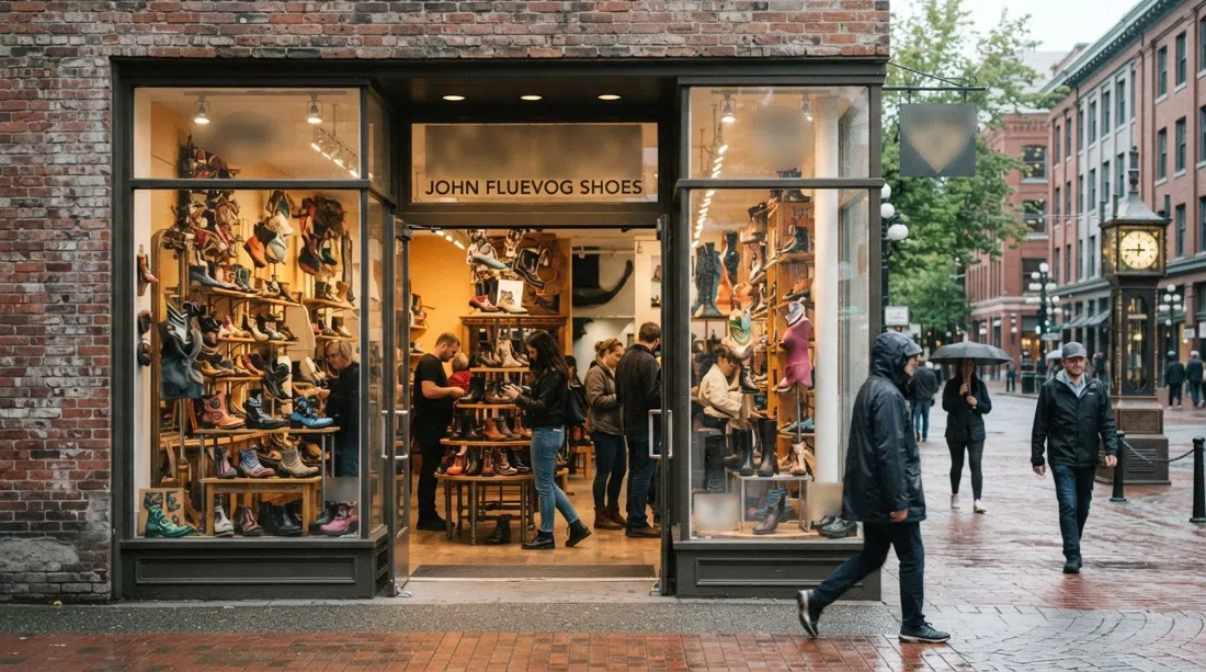 the glass-fronted John Fluevog Shoes flagship on Water Street, sculptural footwear visible inside under soft daylight