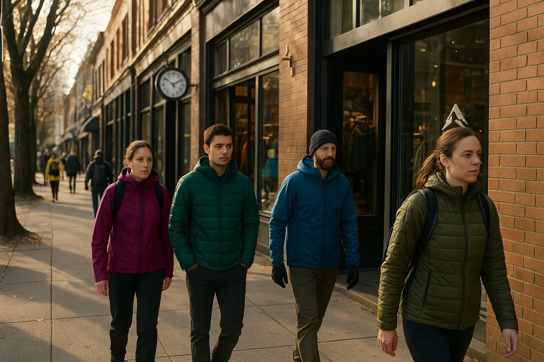 the West 4th shopping strip with Arc'teryx and Patagonia storefronts, pedestrians in technical outerwear and afternoon light on the sidewalk