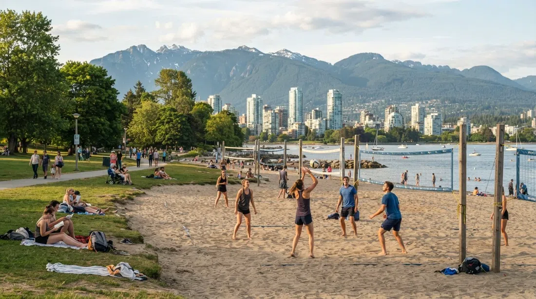 Kitsilano Beach at late afternoon with volleyball nets, sand, grassy park edge and the downtown skyline and North Shore mountains across English Bay