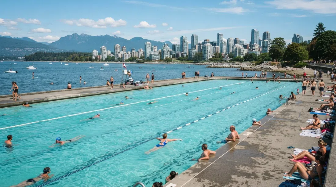 Kitsilano Pool running along the shoreline beside English Bay, long saltwater lanes with the ocean and skyline beyond on a bright summer day