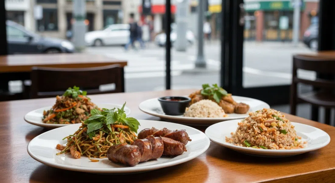 plated Thai dishes at Maenam on West 4th, family-style dishes with herbs, grilled sausage and crispy rice salad on a warm restaurant table
