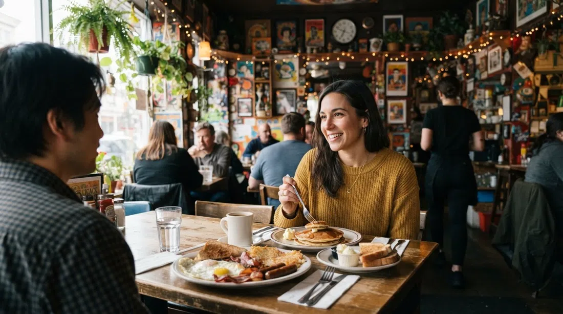 the retro, plant-filled dining room at Sophie's Cosmic Cafe with the 4th Avenue Lumberjack breakfast on the table