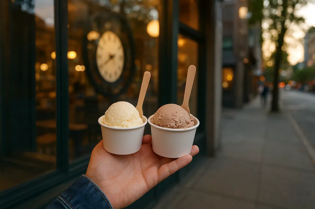 scoops of small-batch ice cream at Rain or Shine on West 4th, including a dairy-free flavour, served near the shop window in evening light