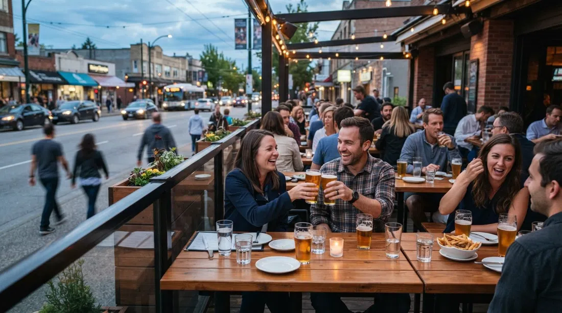 the raised street-side patio at Darby's on a warm evening, beer glasses and passing foot traffic on West Broadway